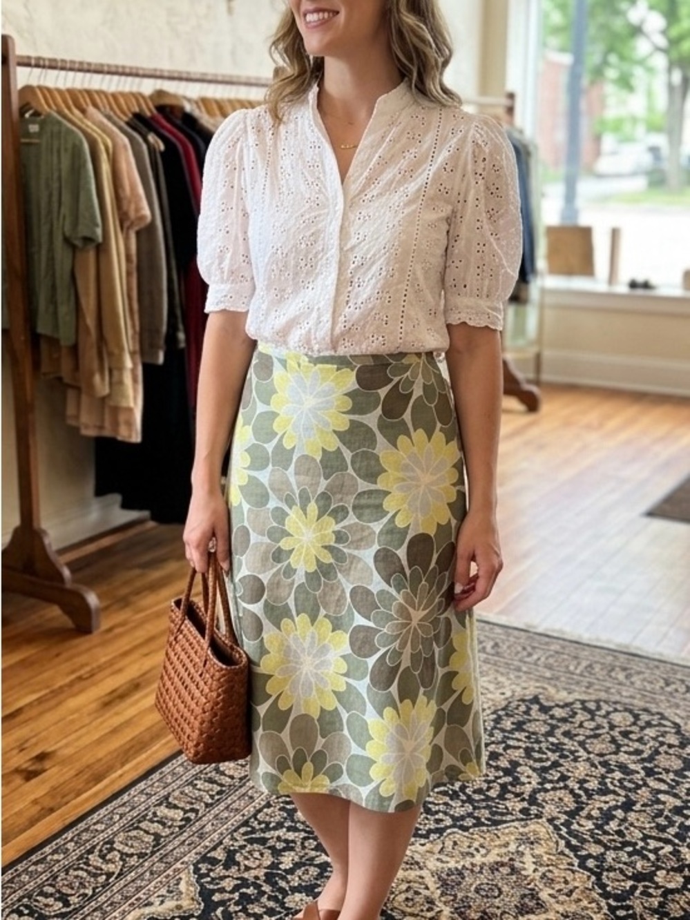 H&M Floral A-Line Skirt in Yellow, White, and Brown - Picture 2 of 12